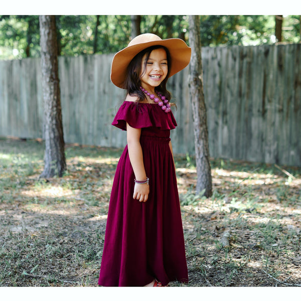 Girl's Burgundy Off The Shoulder Maxi Dress JustSheli Girl's Burgundy Off The Shoulder Maxi Dress JustSheli