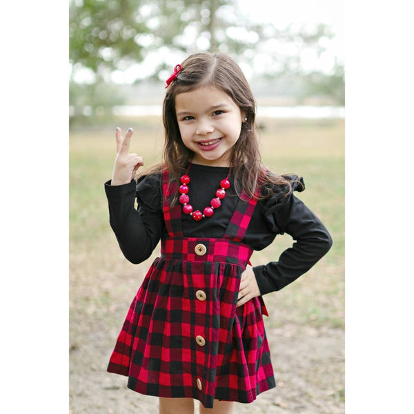 Girl's Buffalo Plaid Bow Back Suspender Skirt