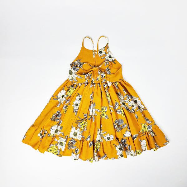 Girls Mustard Floral Tie Back Ruffle Twirl Dress