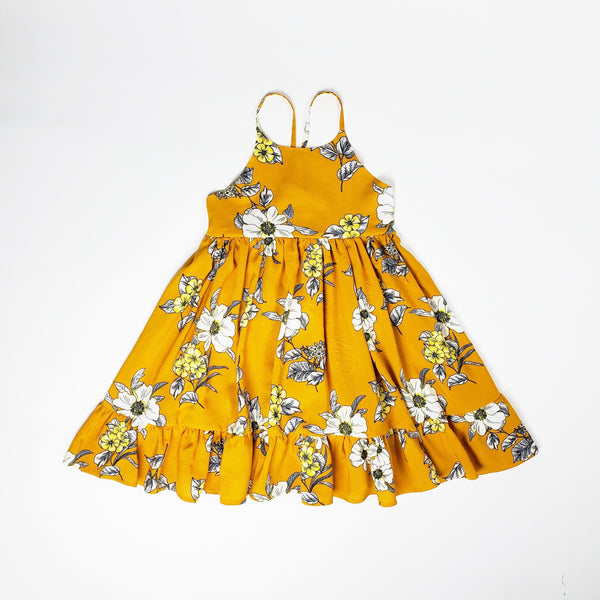 Girls Mustard Floral Tie Back Ruffle Twirl Dress